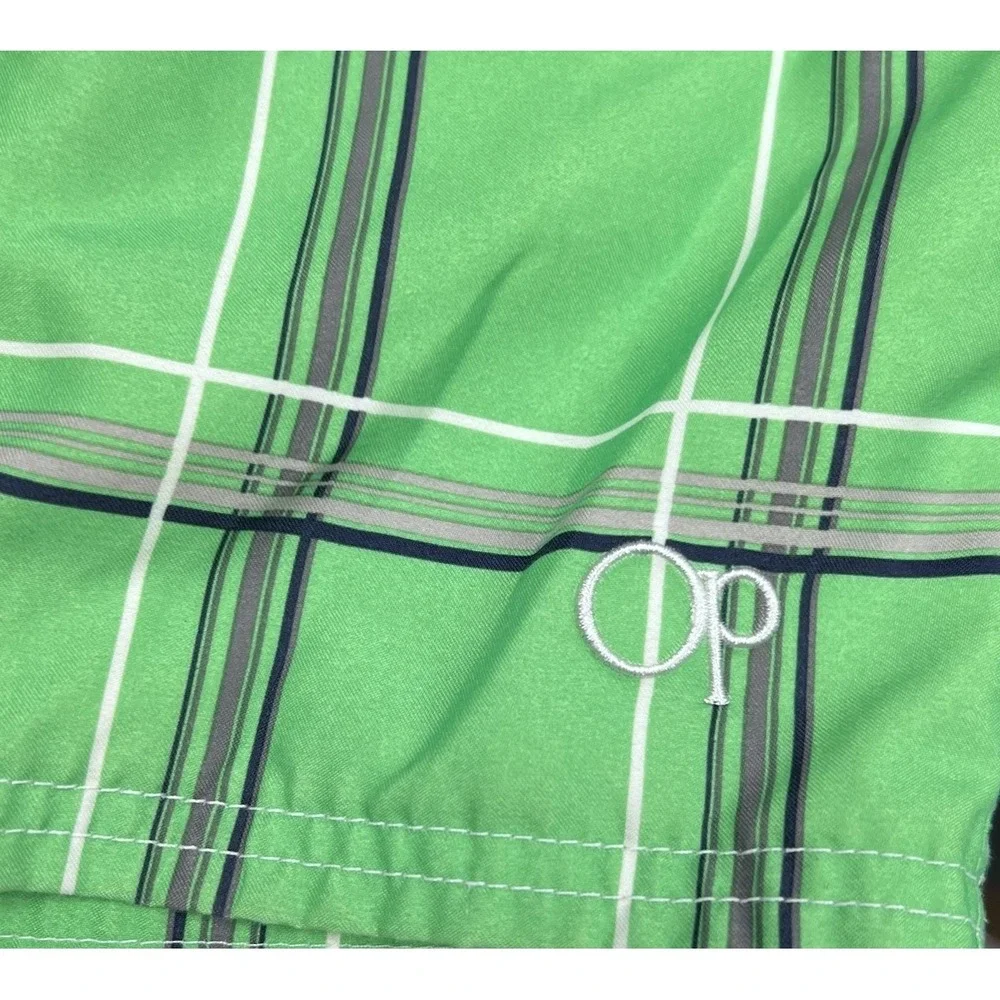 Men's OP Ocean Pacific Green Plaid Swimming Trunks Board Shorts Lined Size XL